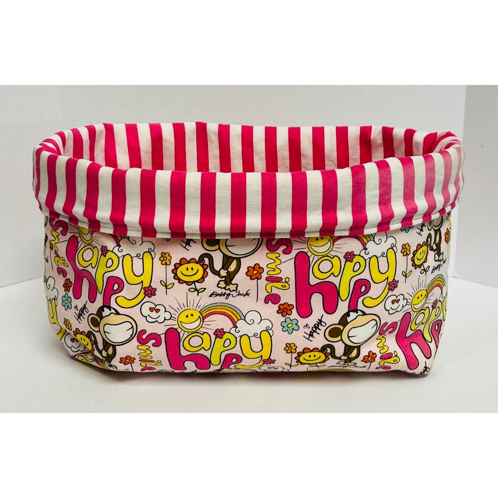 Bobby Jack Monkey Fabric Storage Bin Pink Striped Happy Smile Y2K Organizer